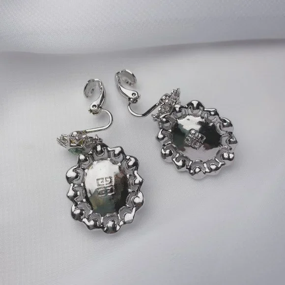 Givenchy Pastel Blue Rhinestone Jewel Flower Oval Silver Dangle Clip Earrings - Picture 5 of 9